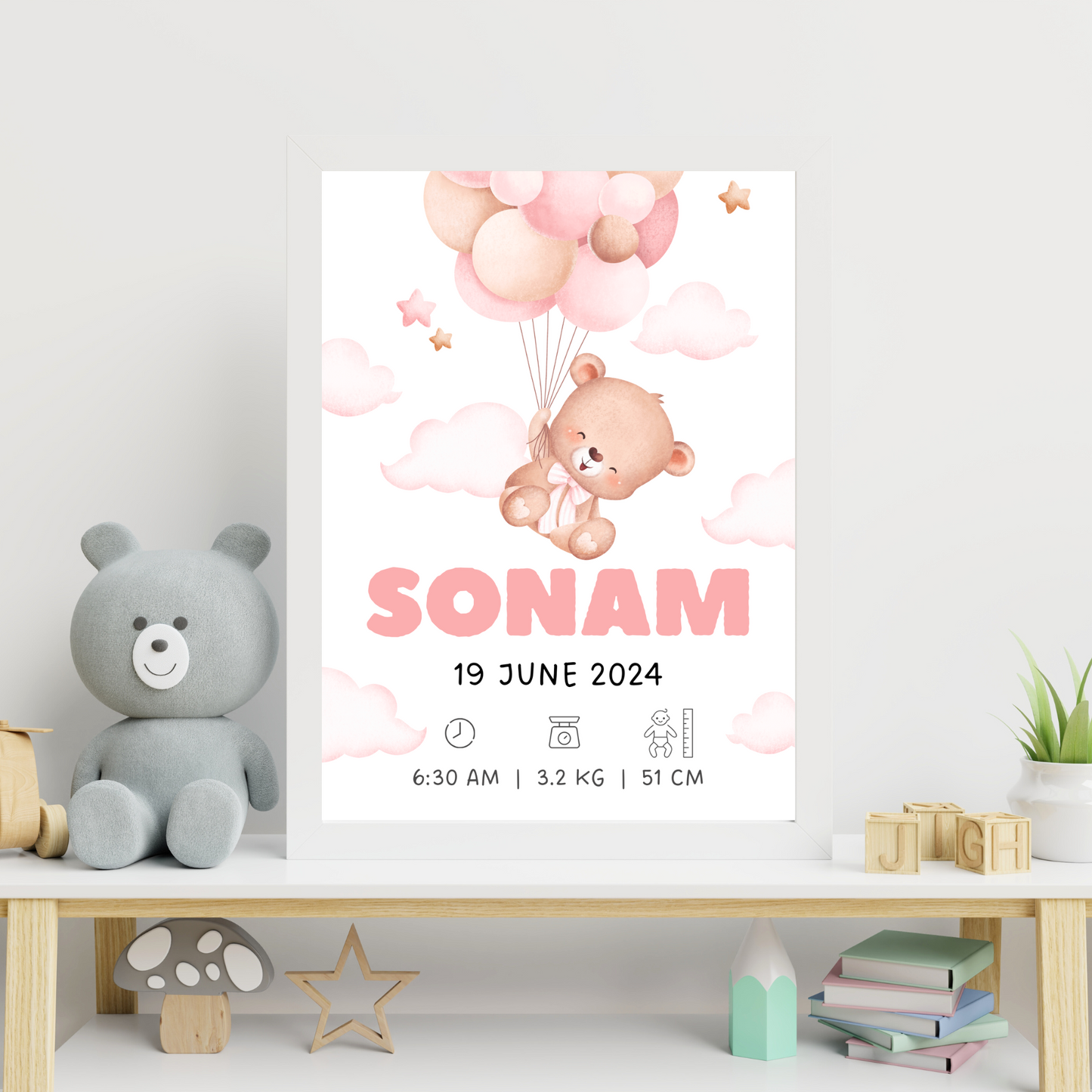 Personalized Birth Frame - Teddy Pink